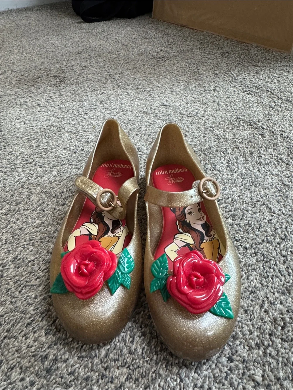 Mini Melissa Gold Glitter Mary Janes with Red Rose Accent